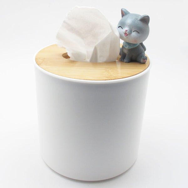 Cat Lover Desktop Tabletop Tissue Box Cover with Wood Cover White Plastic Body