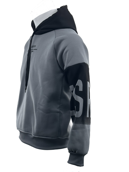 HOD25002 Unisex 100% Polyester Classic Hoodie in Black and Grey with Bold Print on Sleeve