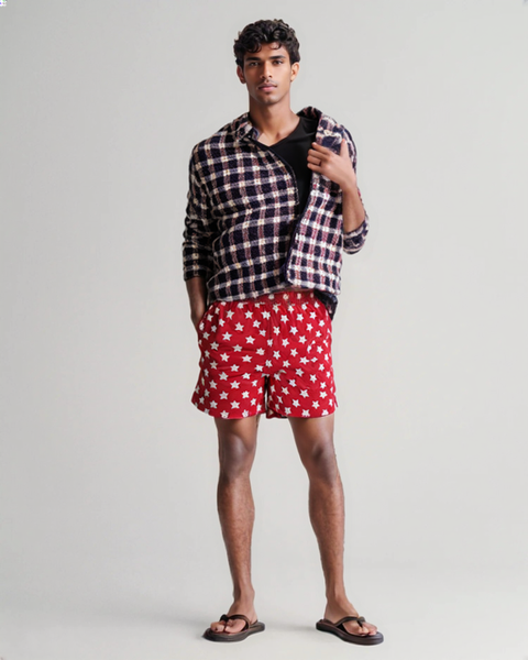 SWS25002 100% Polyester Men's Swim Shorts in Red with White Star print