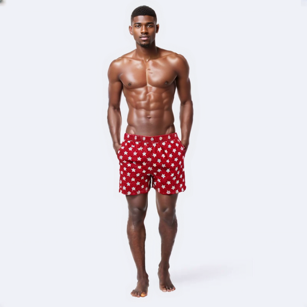 SWS25002 100% Polyester Men's Swim Shorts in Red with White Star print