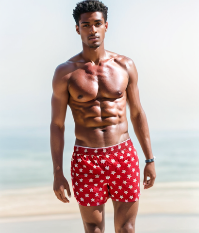 SWS25002 100% Polyester Men's Swim Shorts in Red with White Star print