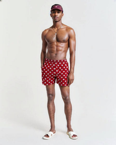 SWS25002 100% Polyester Men's Swim Shorts in Red with White Star print