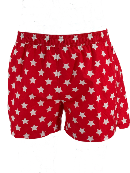 SWS25002 100% Polyester Men's Swim Shorts in Red with White Star print