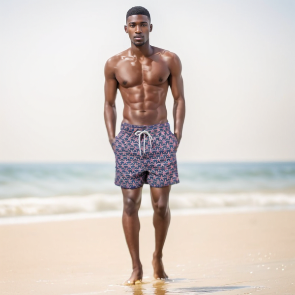 SWS25003 100% Polyester Men's Swim Shirts in Purple and Coral Print