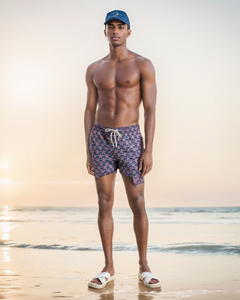 SWS25003 100% Polyester Men's Swim Shirts in Purple and Coral Print