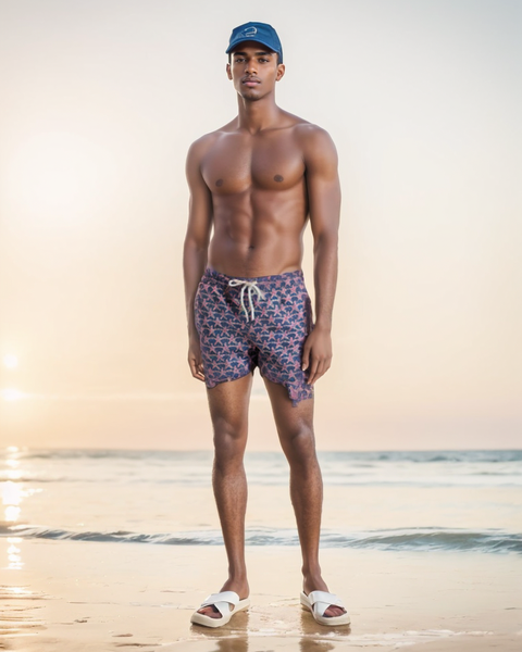 SWS25003 100% Polyester Men's Swim Shirts in Purple and Coral Print