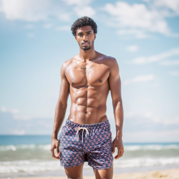 SWS25003 100% Polyester Men's Swim Shirts in Purple and Coral Print