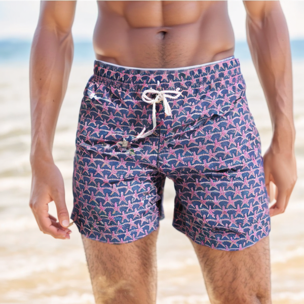SWS25003 100% Polyester Men's Swim Shirts in Purple and Coral Print