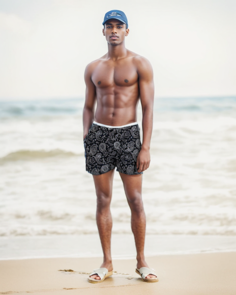 SWS25004 100% Polyester Men's Swim Shorts in Black with Grey Paisley print