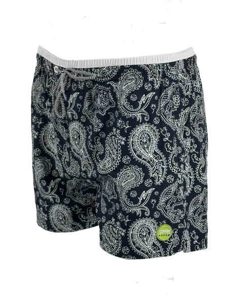 SWS25004 100% Polyester Men's Swim Shorts in Black with Grey Paisley print