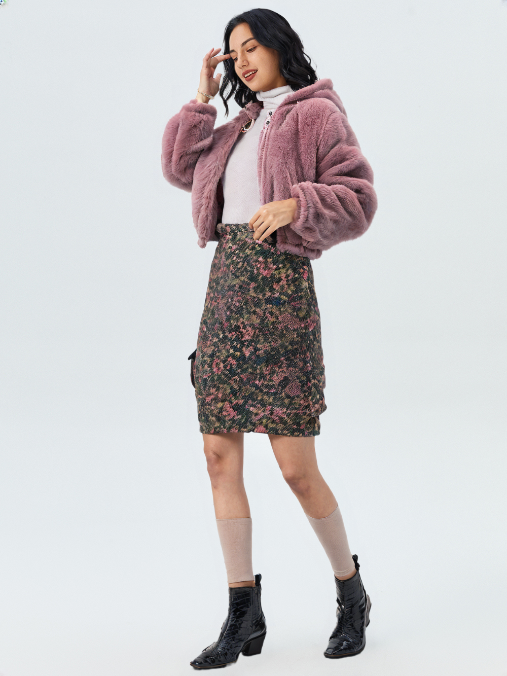 WHO25001 100% Polyester Fur Women's Hooded Jacket