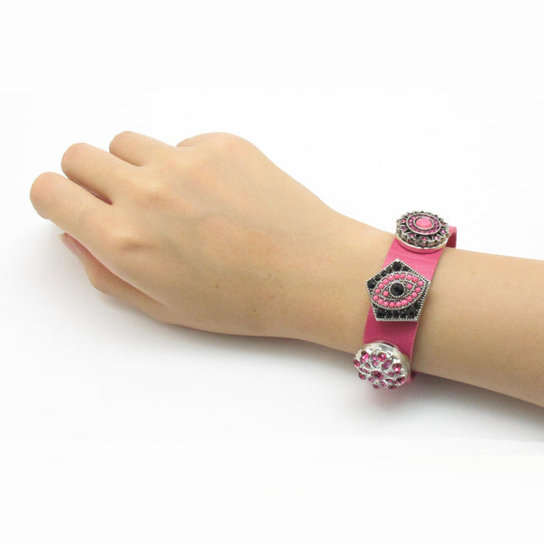 Snap Button Jewelry Leather Bracelet Set with 3 Rhinestone Charms Interchangeable