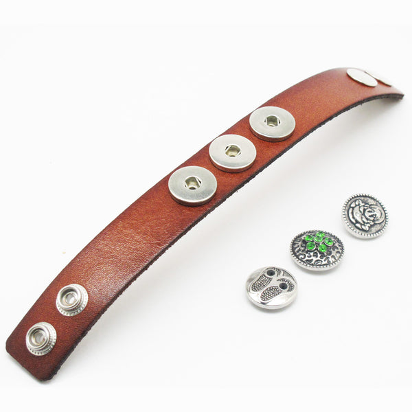 Snap Button Jewelry Leather Bracelet Set with 3 Rhinestone Charms Interchangeable