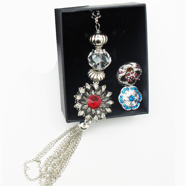 Snap Button Jewelry Necklace Set with 3 Rhinestone Charms Interchangeable