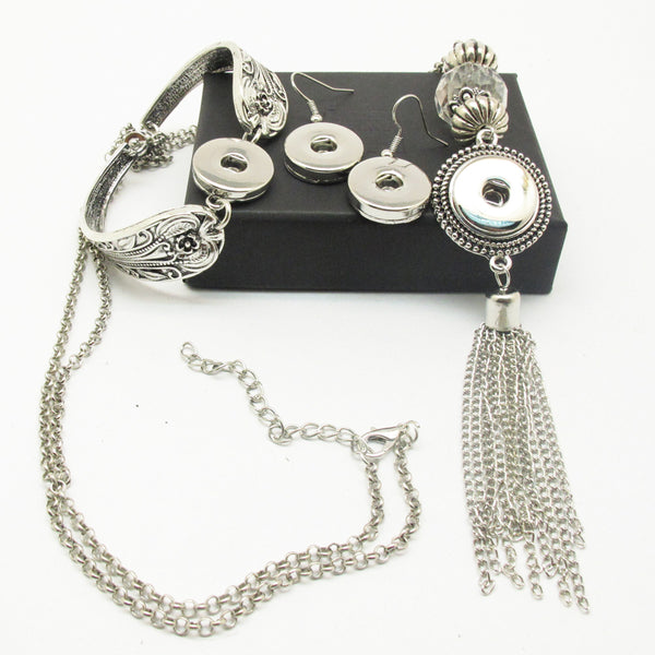 Snap Button Jewelry Set Earring / Silver Bracelet / Necklace / Rhinestone Set