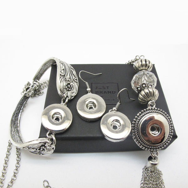 Snap Button Jewelry Set Earring / Silver Bracelet / Necklace / Rhinestone Set