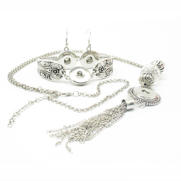 Snap Button Jewelry Set Earring / Silver Bracelet / Necklace / Rhinestone Set