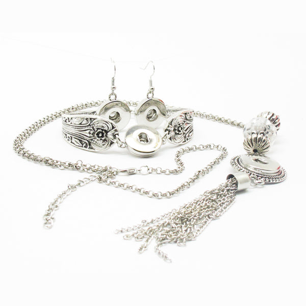 Snap Button Jewelry Set Earring / Silver Bracelet / Necklace / Rhinestone Set