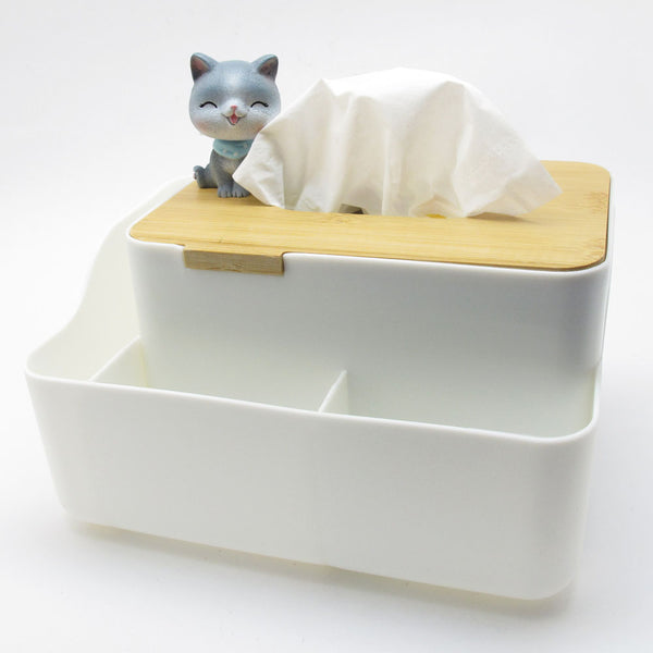 Cat Lover Desktop Napkin Tissue Box Wood Cover 3 Sections Stationery Organizer