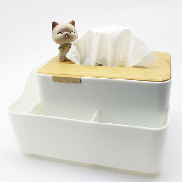 Cat Lover Desktop Napkin Tissue Box Wood Cover 3 Sections Stationery Organizer