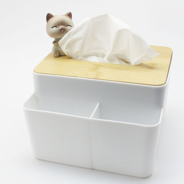 Cat Lover Desktop Napkin Tissue Box Wood Cover 2 Sections Stationery Organizer