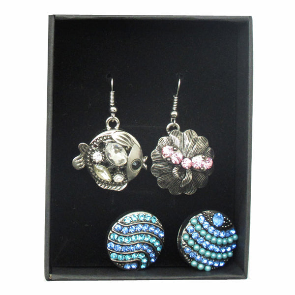 Snap Button Jewelry Earring Set with 4 Rhinestone Charms Interchangeable